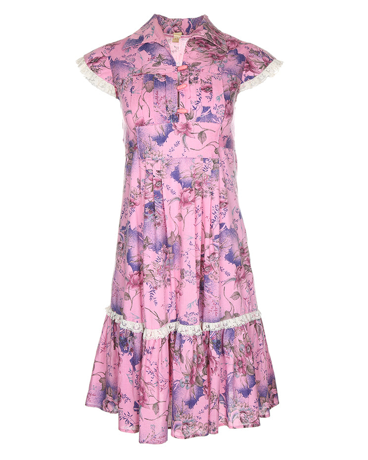 1970's Pink And Purple Floral Sleeveless Dress - S