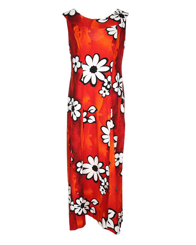 1970's Hawaiian Red, Black And White Patterned Sun Dress - S / M