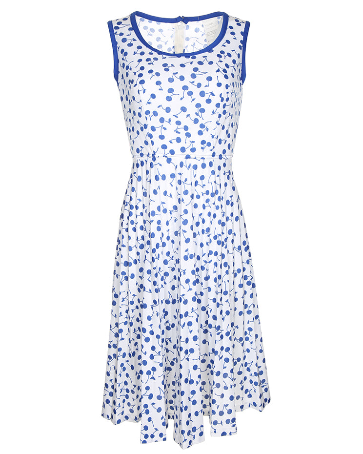 1960's White With Blue Cherries Print Sleeveless Dress - S