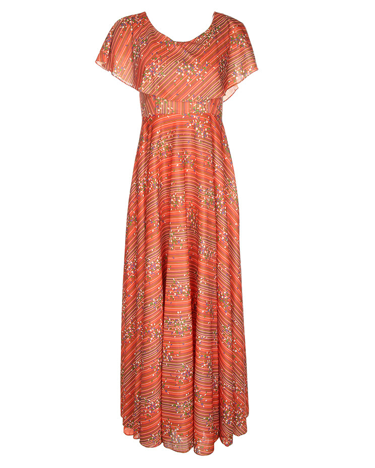 1970's Orange And Blue Striped And Floral Maxi Dress - XS / S