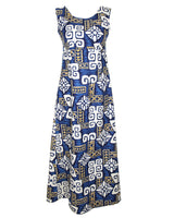 1970's Blue Patterned Hawaiian Sleeveless Maxi Dress - S