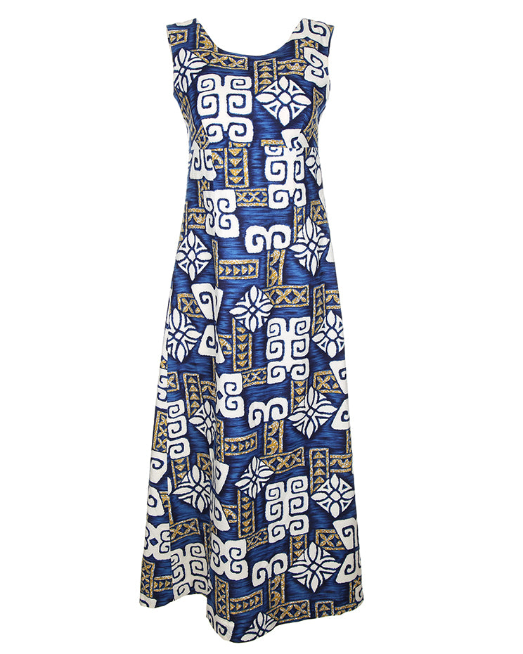 1970's Blue Patterned Hawaiian Sleeveless Maxi Dress - S