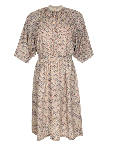 1990's Beige With Ditzy Floral Print Short Sleeve Smock Dress - M