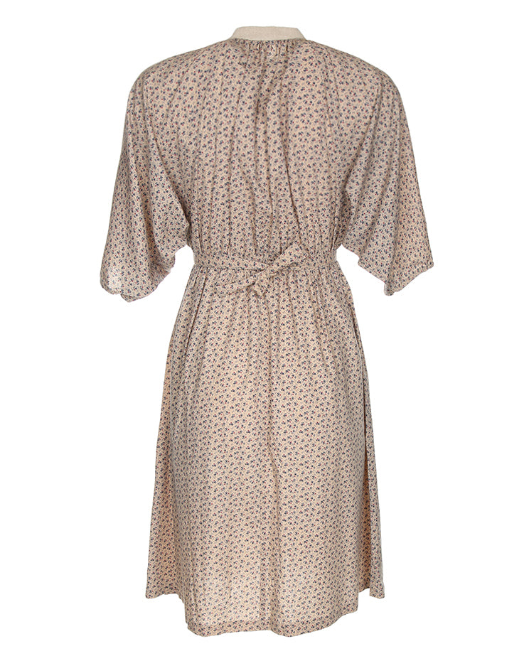 1990's Beige With Ditzy Floral Print Short Sleeve Smock Dress - M
