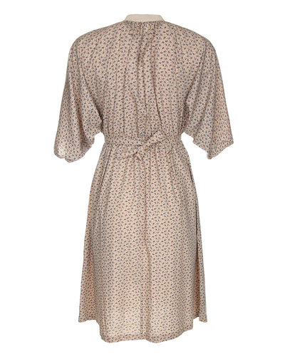 1990's Beige With Ditzy Floral Print Short Sleeve Smock Dress - M