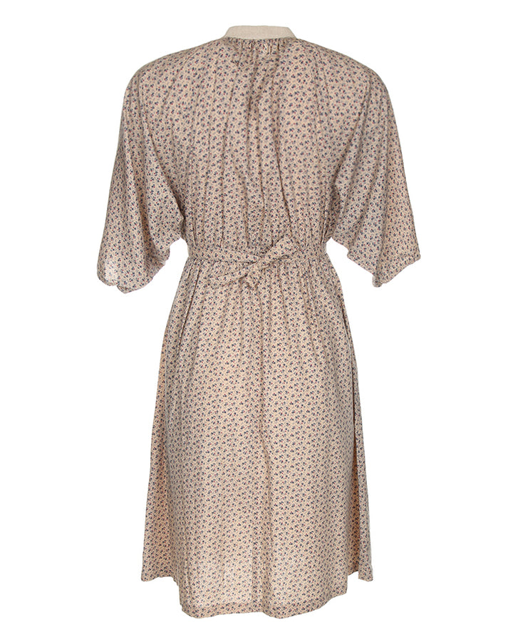 1990's Beige With Ditzy Floral Print Short Sleeve Smock Dress - M