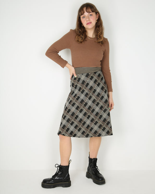 1970's brown checked knitted long sleeve dress - XS