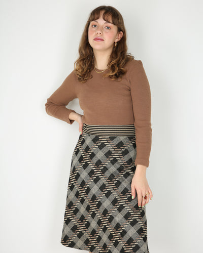 1970's brown checked knitted long sleeve dress - XS