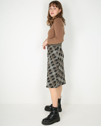 1970's brown checked knitted long sleeve dress - XS