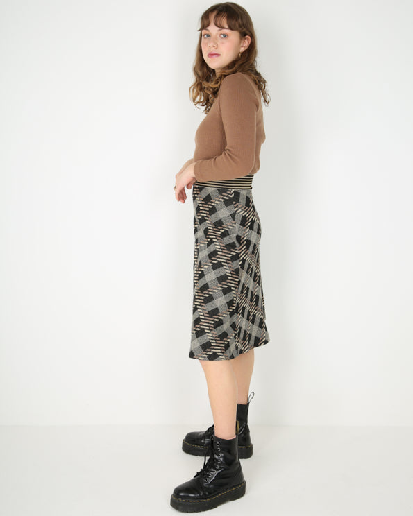 1970's brown checked knitted long sleeve dress - XS