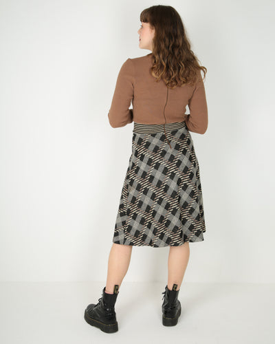 1970's brown checked knitted long sleeve dress - XS