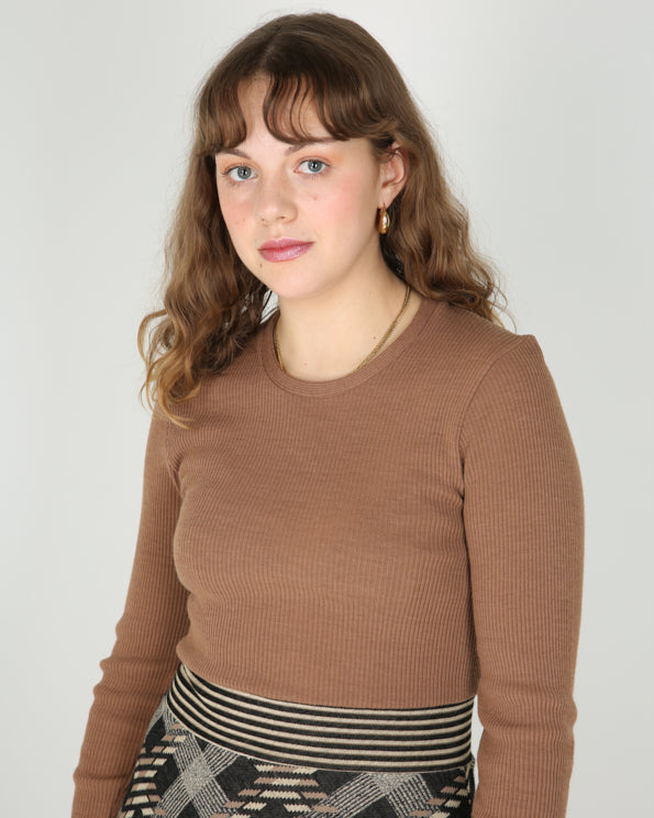 1970's brown checked knitted long sleeve dress - XS