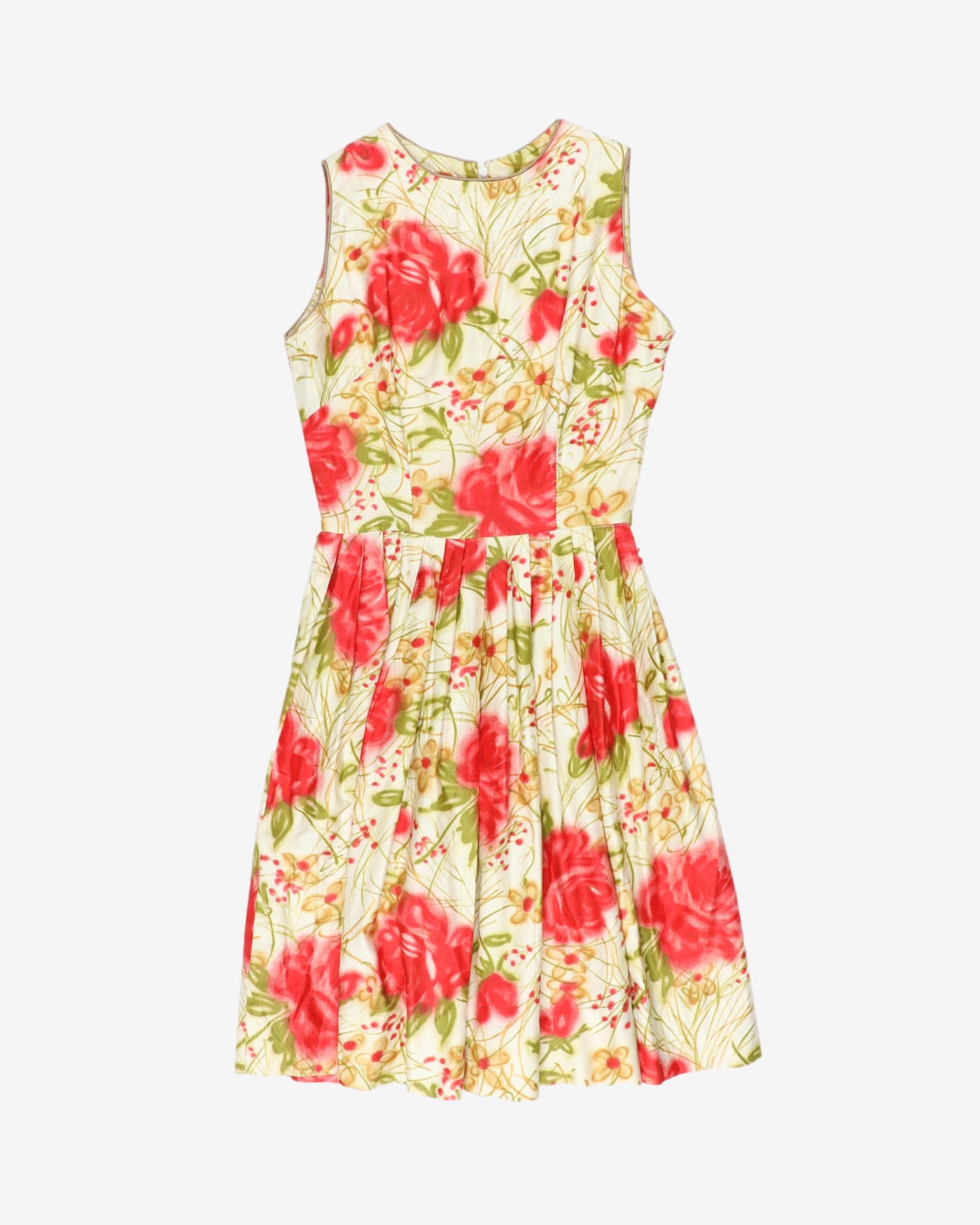 1950's cream with green and red florals dress - S