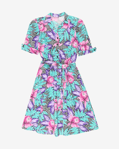 80s does 50s blue floral patterned dress - s