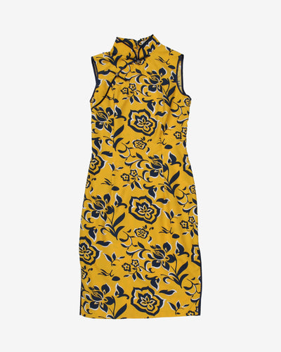 Yellow with graphic florals cheongsam dress - XS
