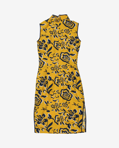 Yellow with graphic florals cheongsam dress - XS