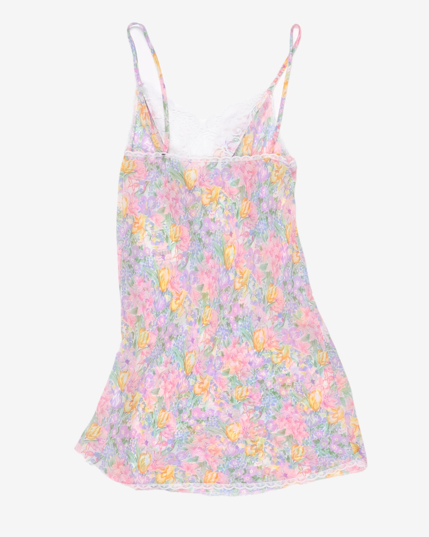 Y2K See-through Pink Flower Lace Neckline Slip Dress - XS