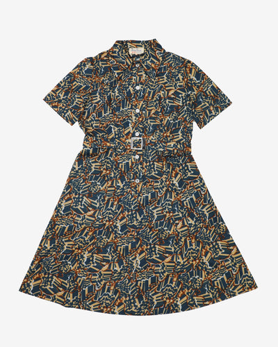 1970s patterned blue and beige dress - M