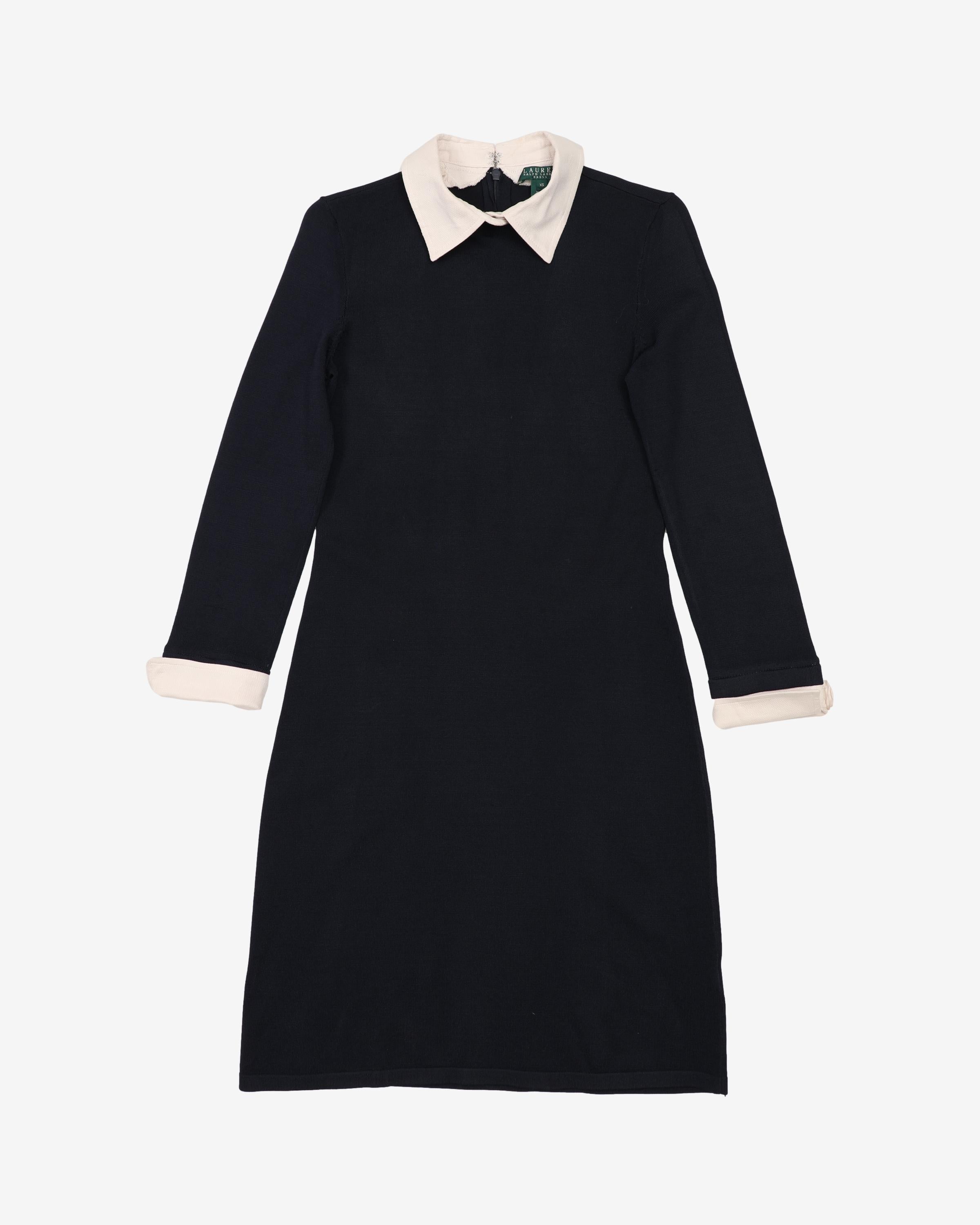 black dress with white collar and cuffs Contrast | Sustainable Womenswear and gold Collared Little Black Dresses |