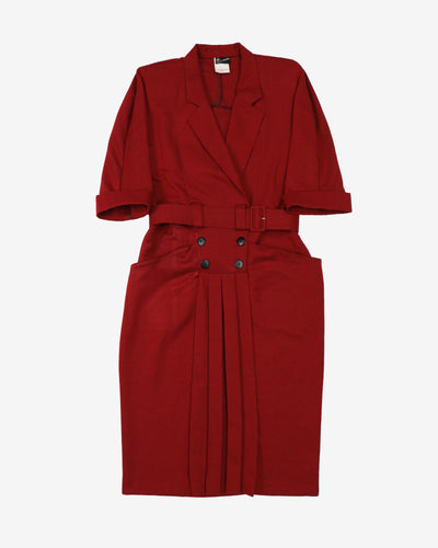 1990s Wine Red Belted Shirt Style Dress - M