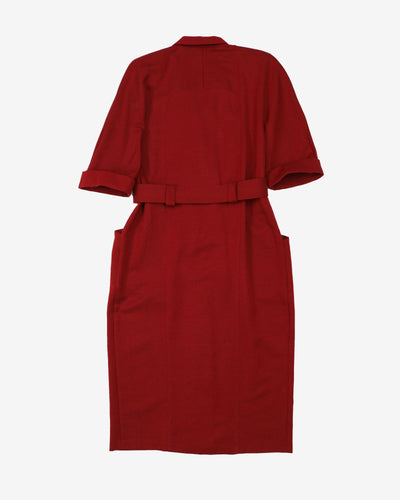 1990s Wine Red Belted Shirt Style Dress - M