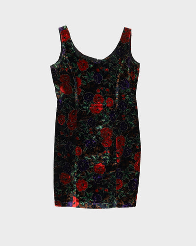 1990s Floral Patterned Velvet Mini Dress - S