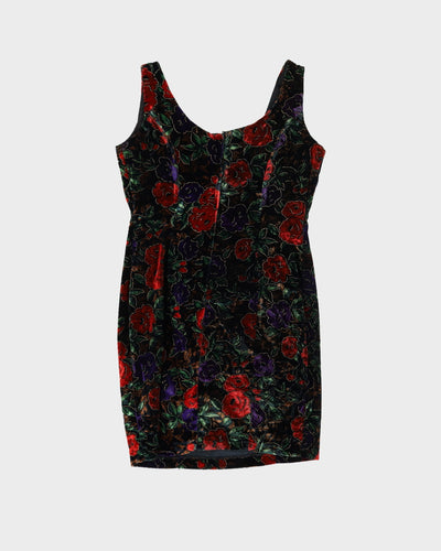 1990s Floral Patterned Velvet Mini Dress - S