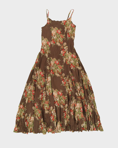 1990s Taupe Floral Sleeveless Tea Dress - XS