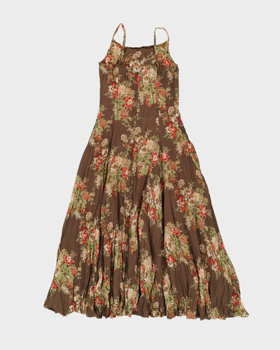 1990s Taupe Floral Sleeveless Tea Dress - XS