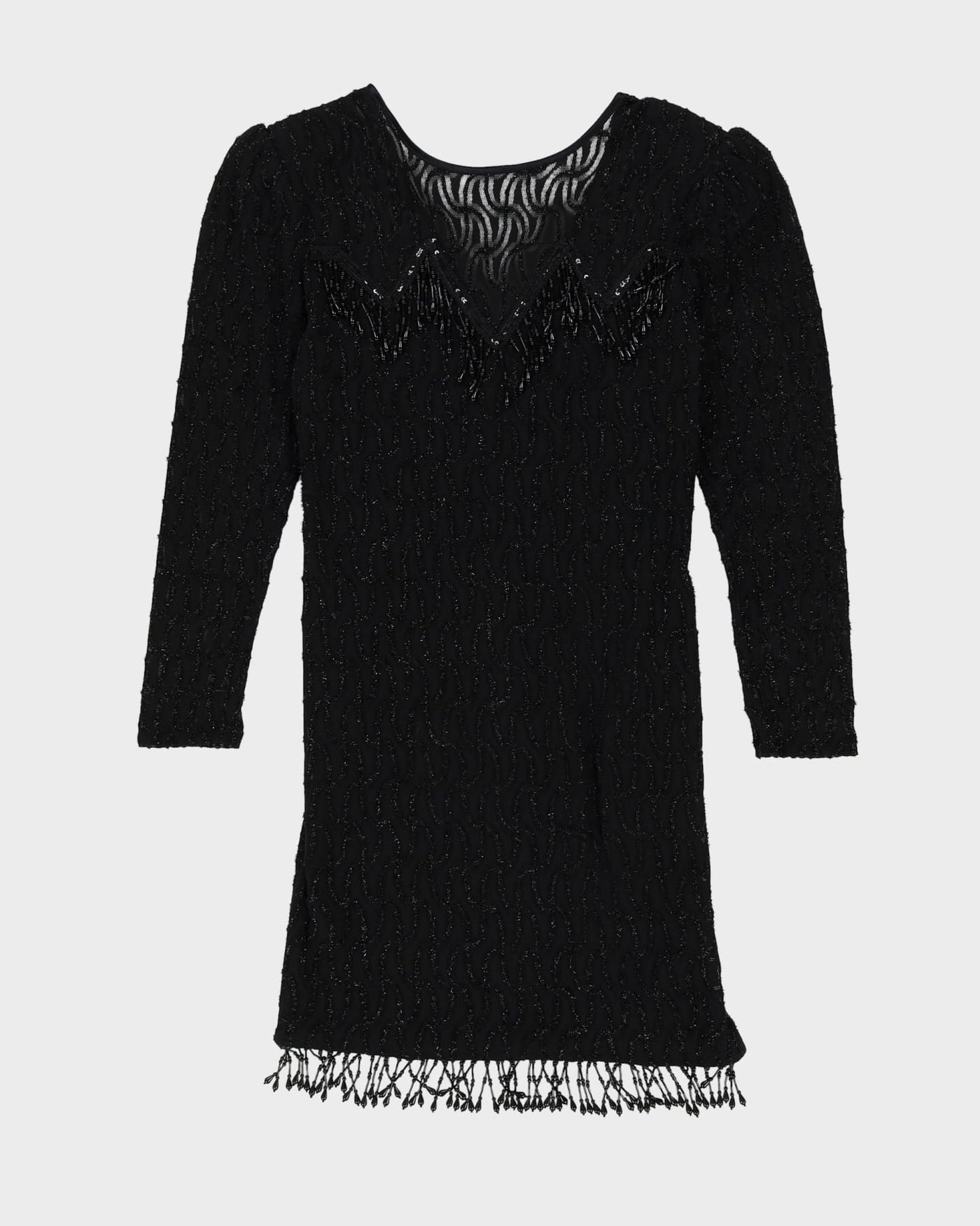 1990s Black Beaded Evening Dress - S