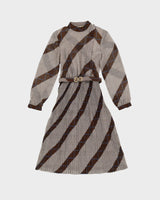 1980s Brown Patterned Pleated Tea Dress - XS / S