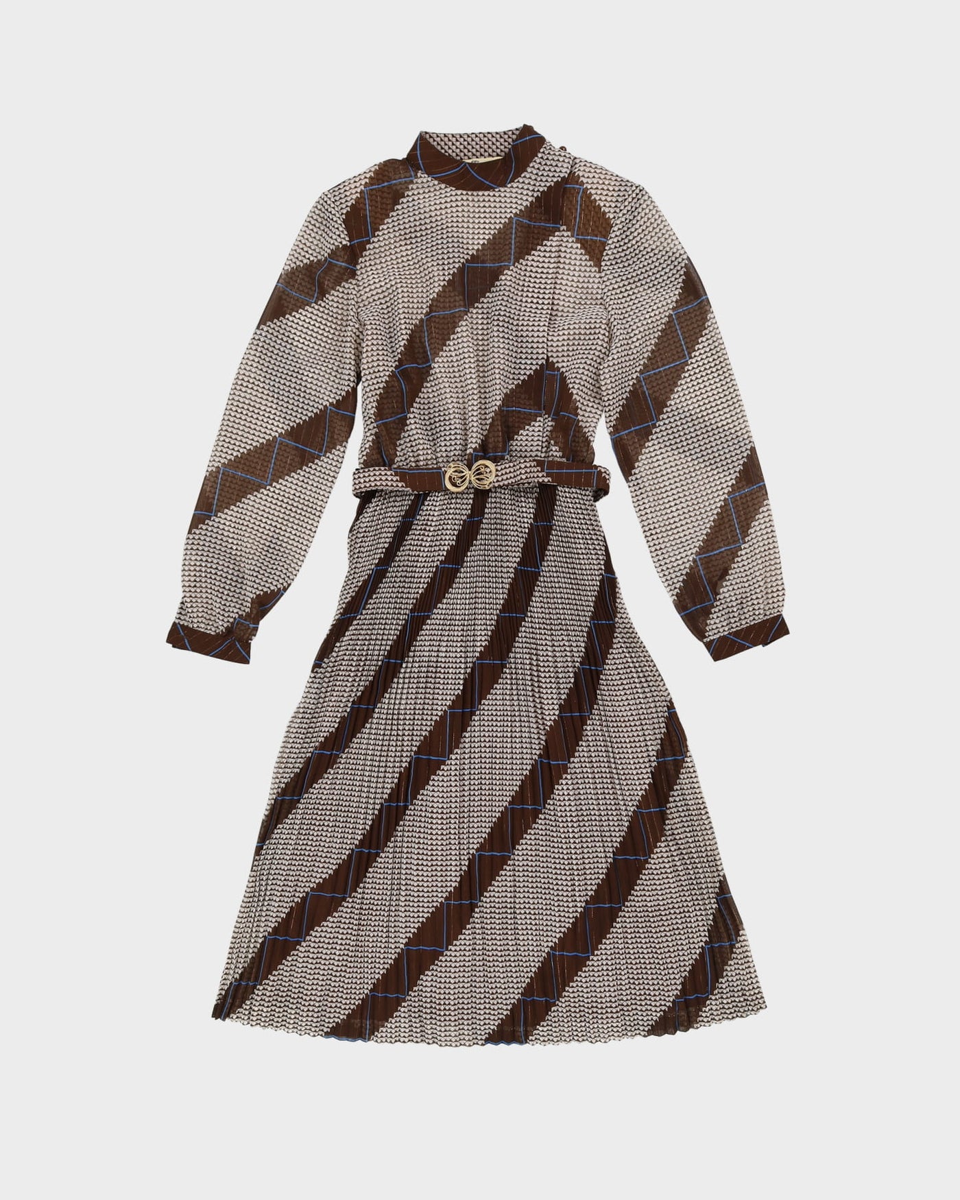 1980s Brown Patterned Pleated Tea Dress - XS / S