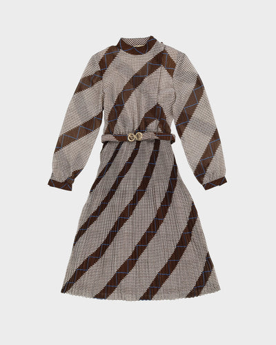 1980s Brown Patterned Pleated Tea Dress - XS / S
