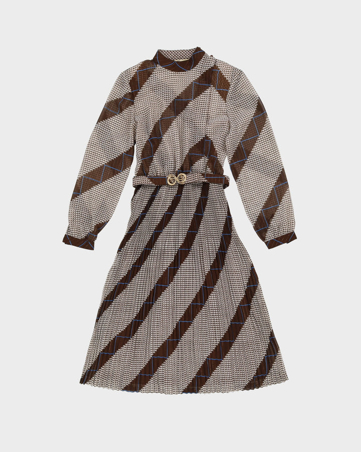 1980s Brown Patterned Pleated Tea Dress - XS / S