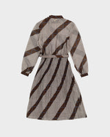 1980s Brown Patterned Pleated Tea Dress - XS / S