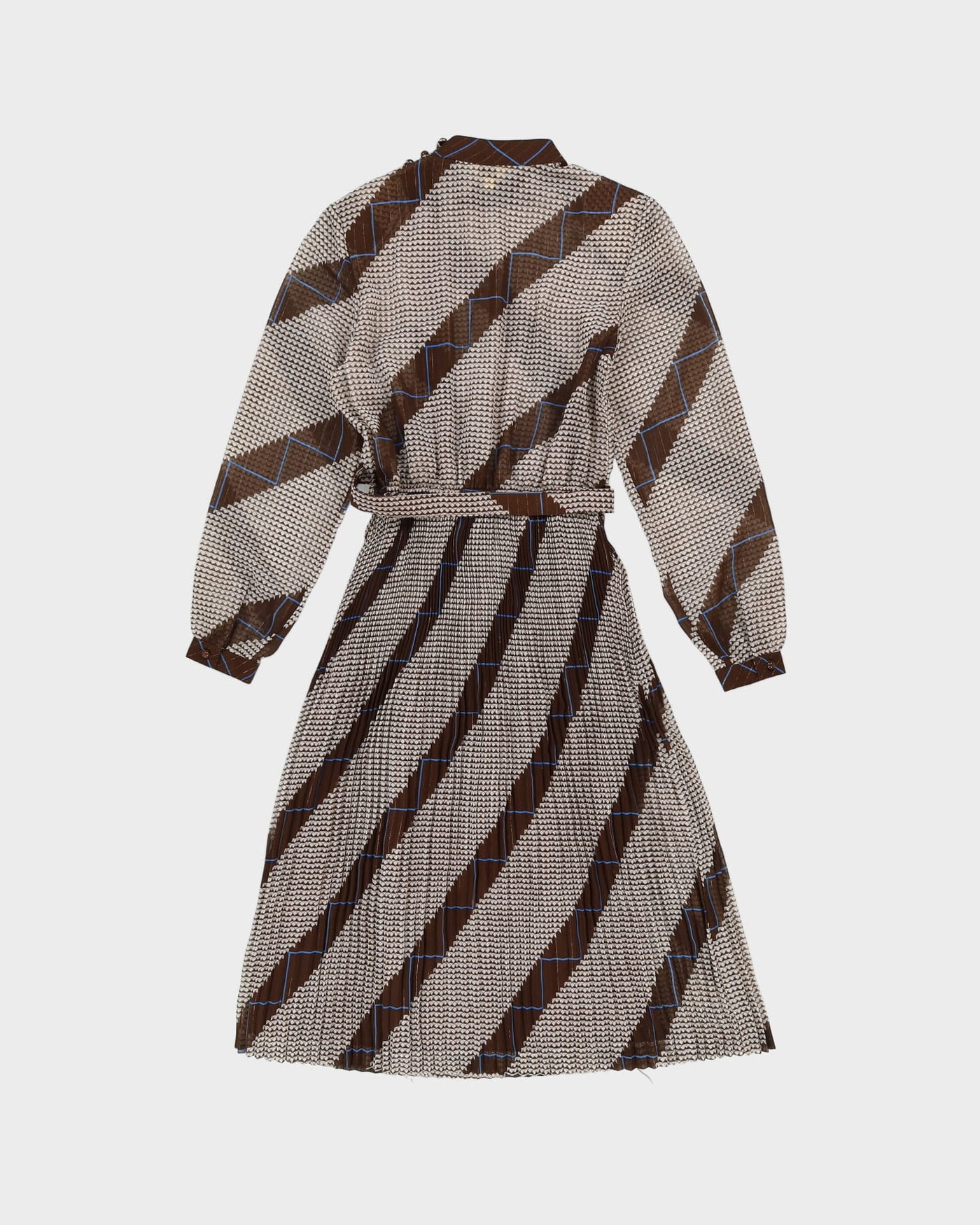 1980s Brown Patterned Pleated Tea Dress - XS / S