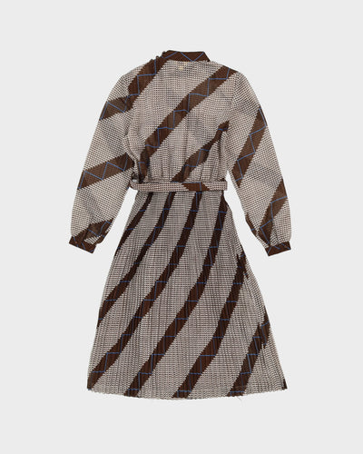 1980s Brown Patterned Pleated Tea Dress - XS / S