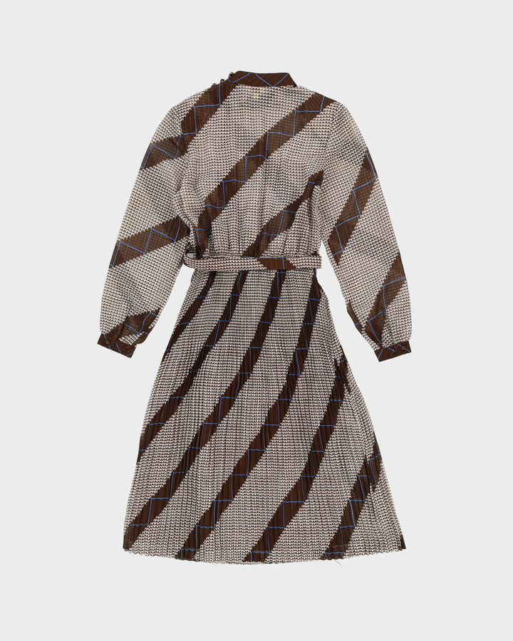 1980s Brown Patterned Pleated Tea Dress - XS / S