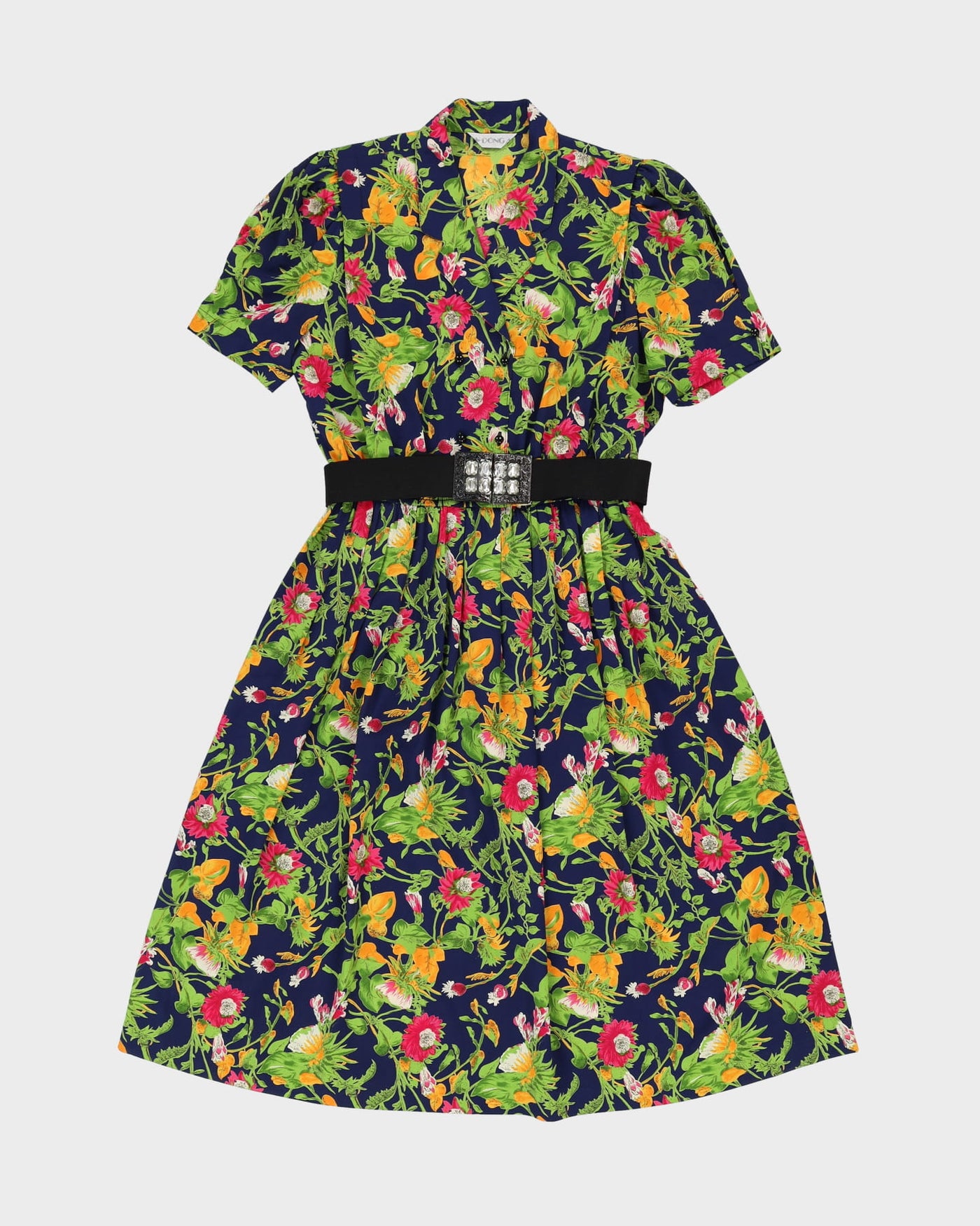 1990s Navy Blue Patterned Tea Dress - L