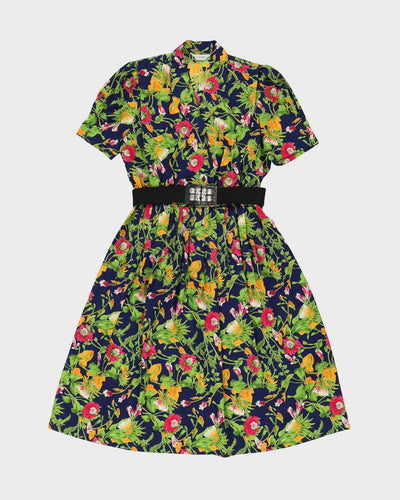 1990s Navy Blue Patterned Tea Dress - L