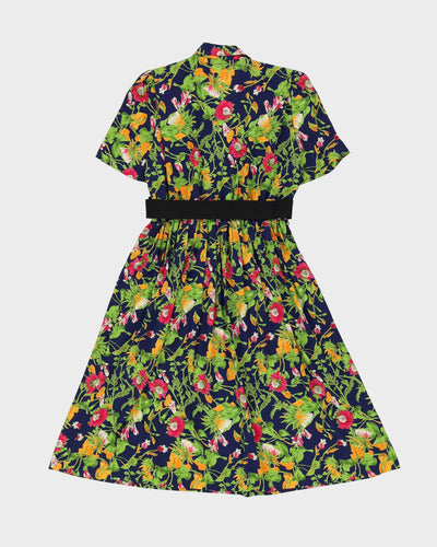 1990s Navy Blue Patterned Tea Dress - L