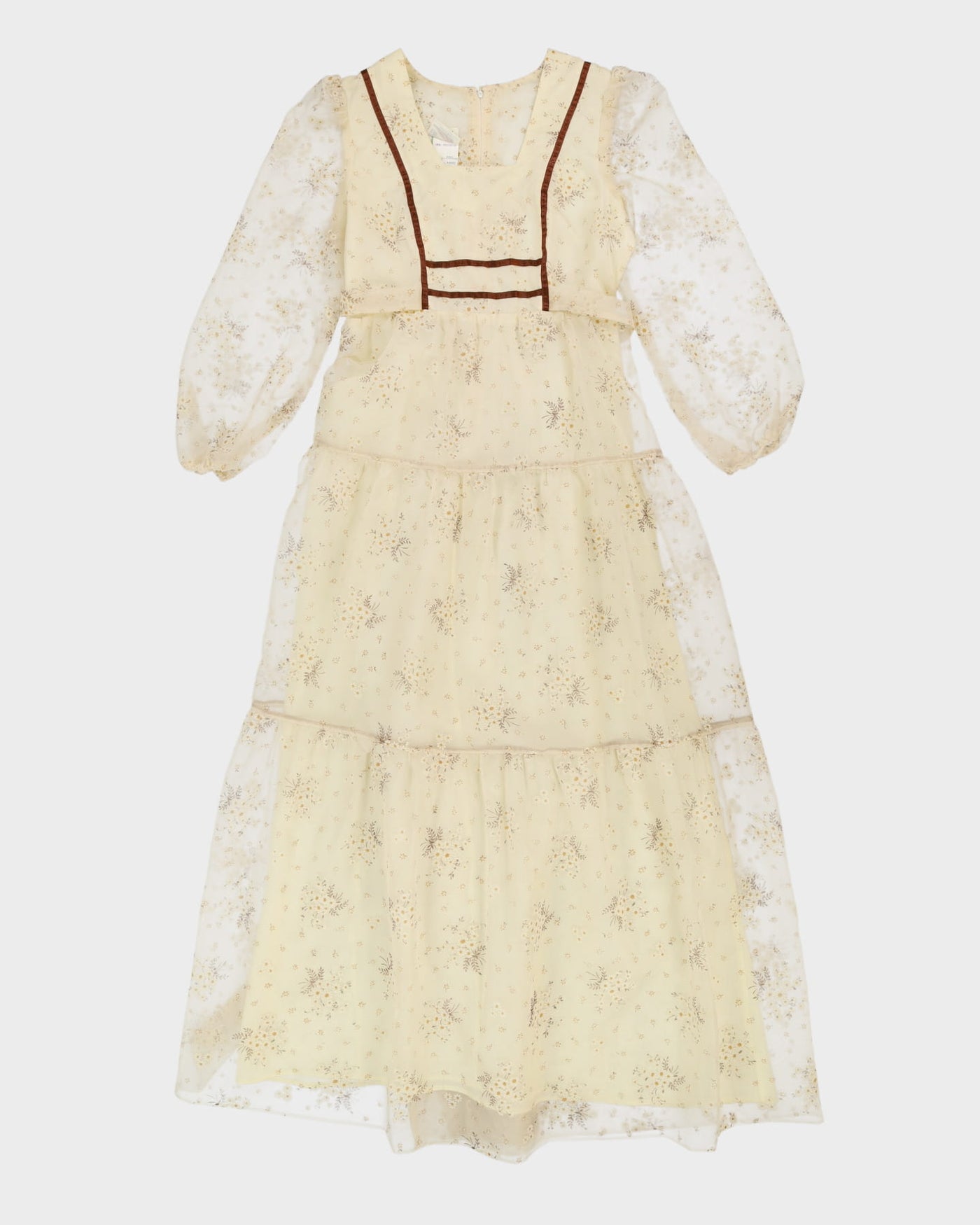 Vintage 1970s Cream Floral Prairie Maxi Dress - S