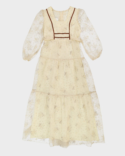 Vintage 1970s Cream Floral Prairie Maxi Dress - S