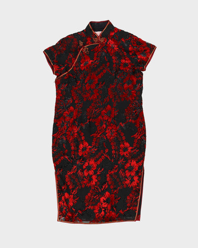 Black With Red Flowers Cheongsam Dress - M