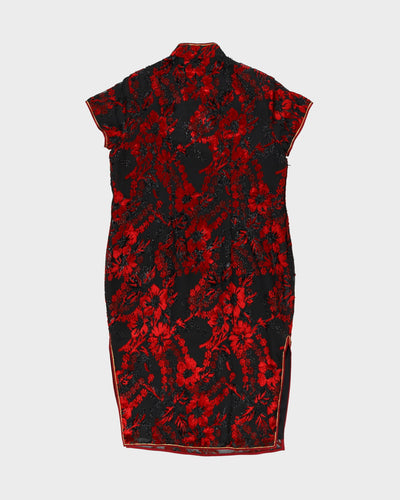 Black With Red Flowers Cheongsam Dress - M