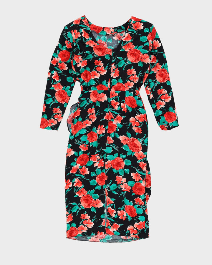 Vintage 1990s Black With Red Flowers Dress - S