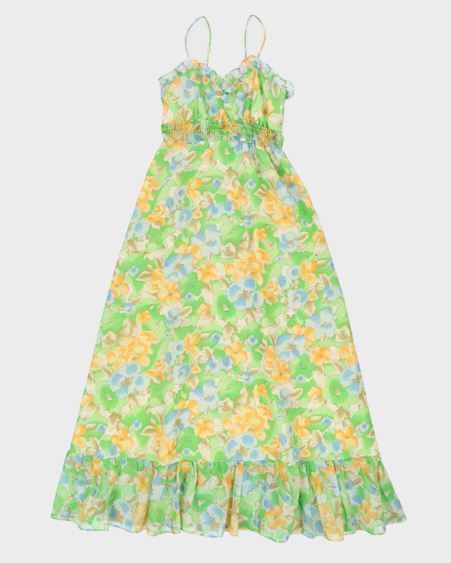 Vintage 1970s Green Floral Sleeveless Dress - S