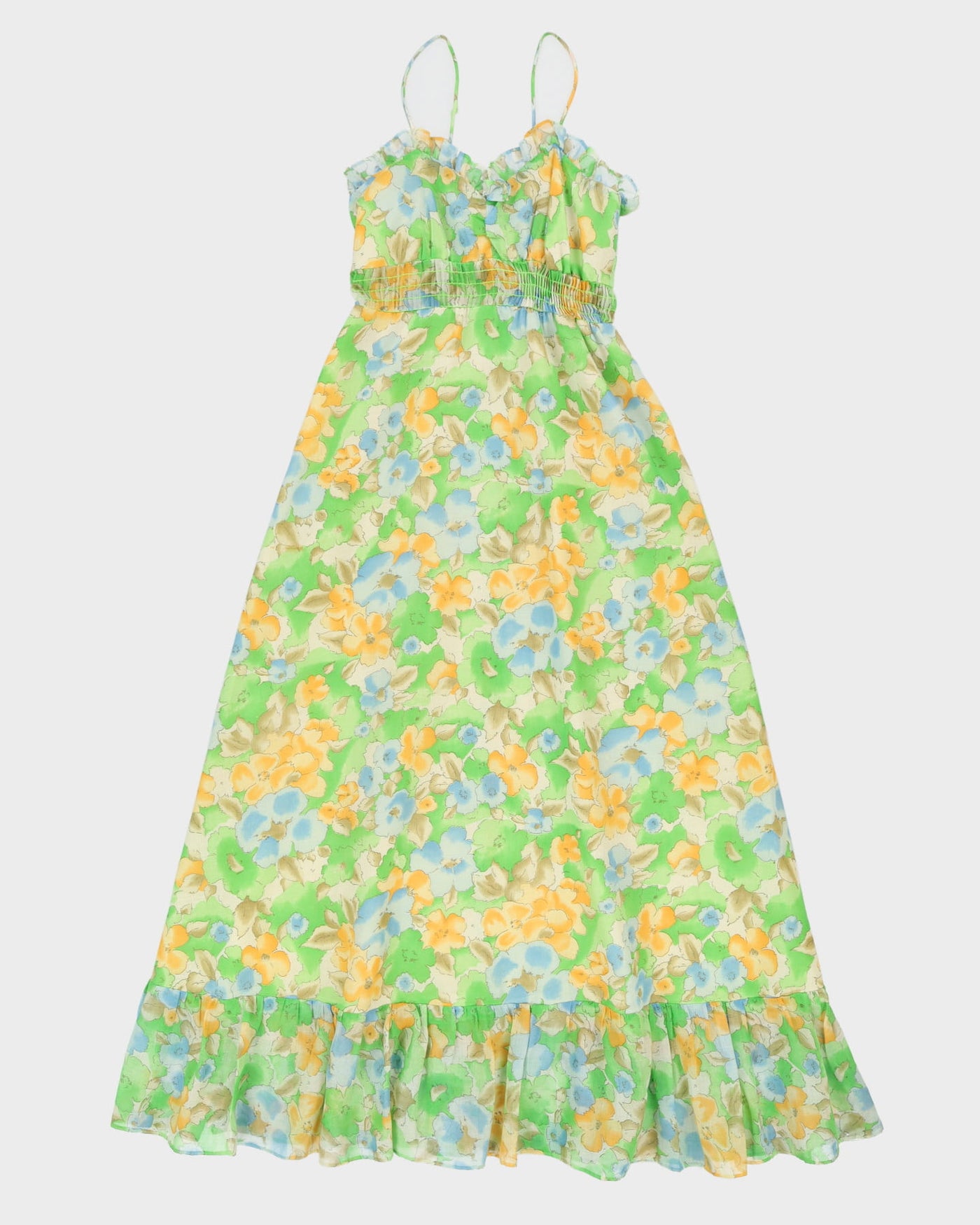 Vintage 1970s Green Floral Sleeveless Dress - S