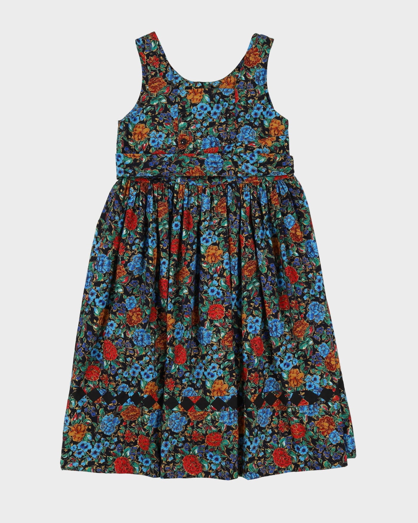 Vintage 1990s Blue And Black Floral Patterned Dress - S