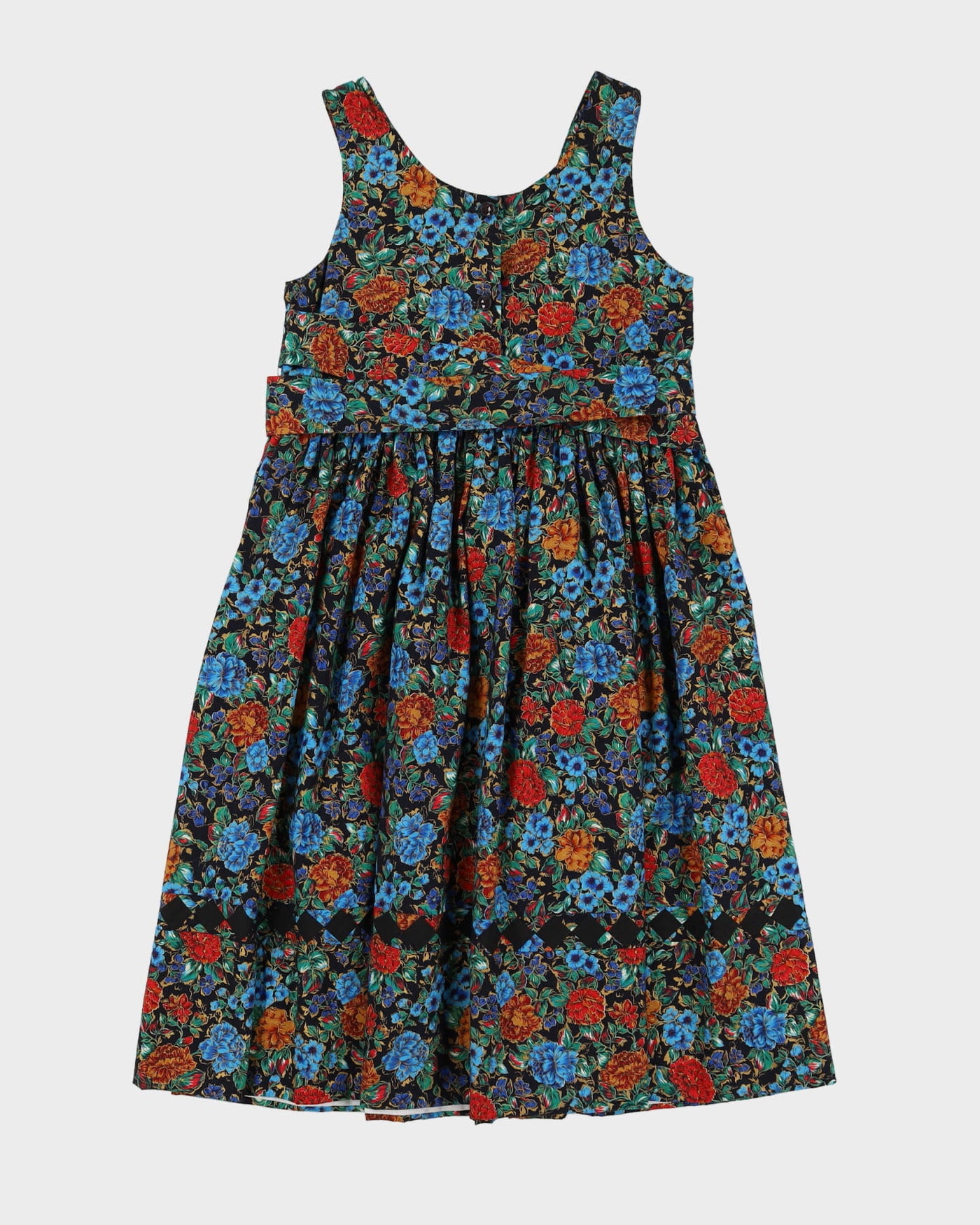 Vintage 1990s Blue And Black Floral Patterned Dress - S